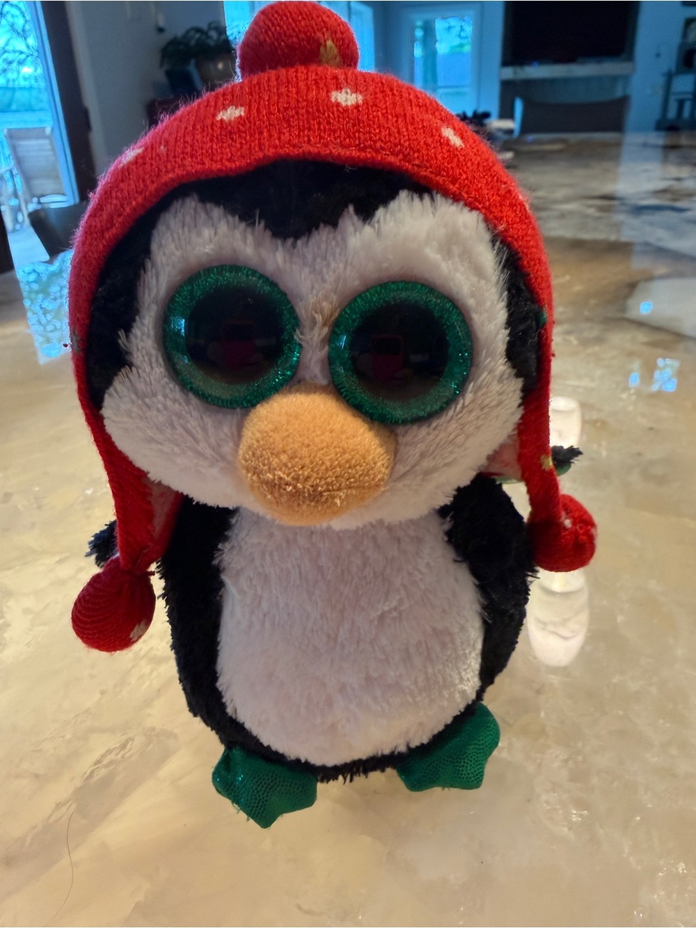 Beanie Babies Plush Penguin with Red Knit Hat and Glittery Green Eyes